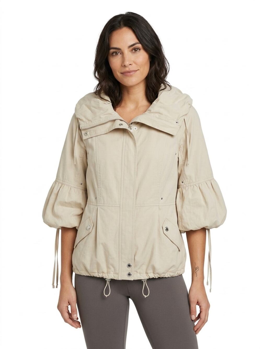 Magaschoni Beige Cowl Neck Ruffle Utility Jacket Women See Measurements